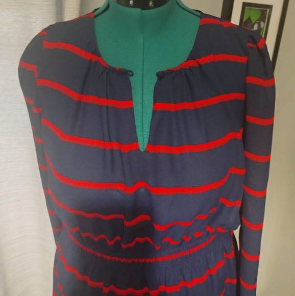 FRNCH Navy and Red Painterly Striped Maxi Dress, Sz L - Picture 4 of 12